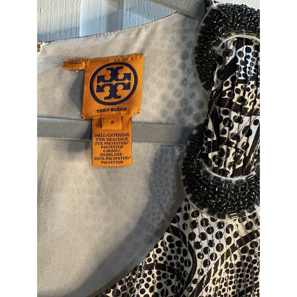 Tory Burch Womens Silk Blend Jacquard Sheath Dress Gold Black Elegant Shoulder 8 - Picture 6 of 9